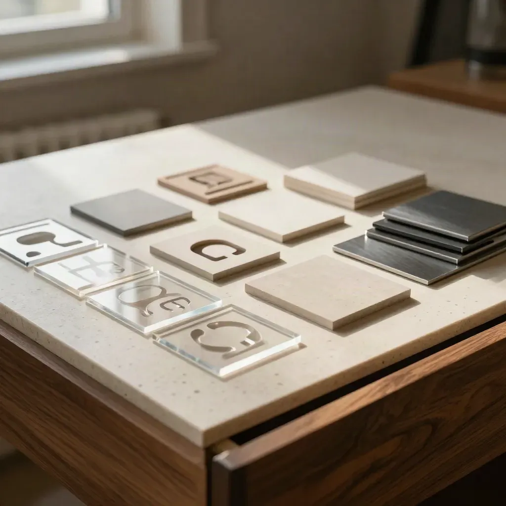 Overhead identity kit with color chips, icon blocks, and template tiles in a shallow drawer.