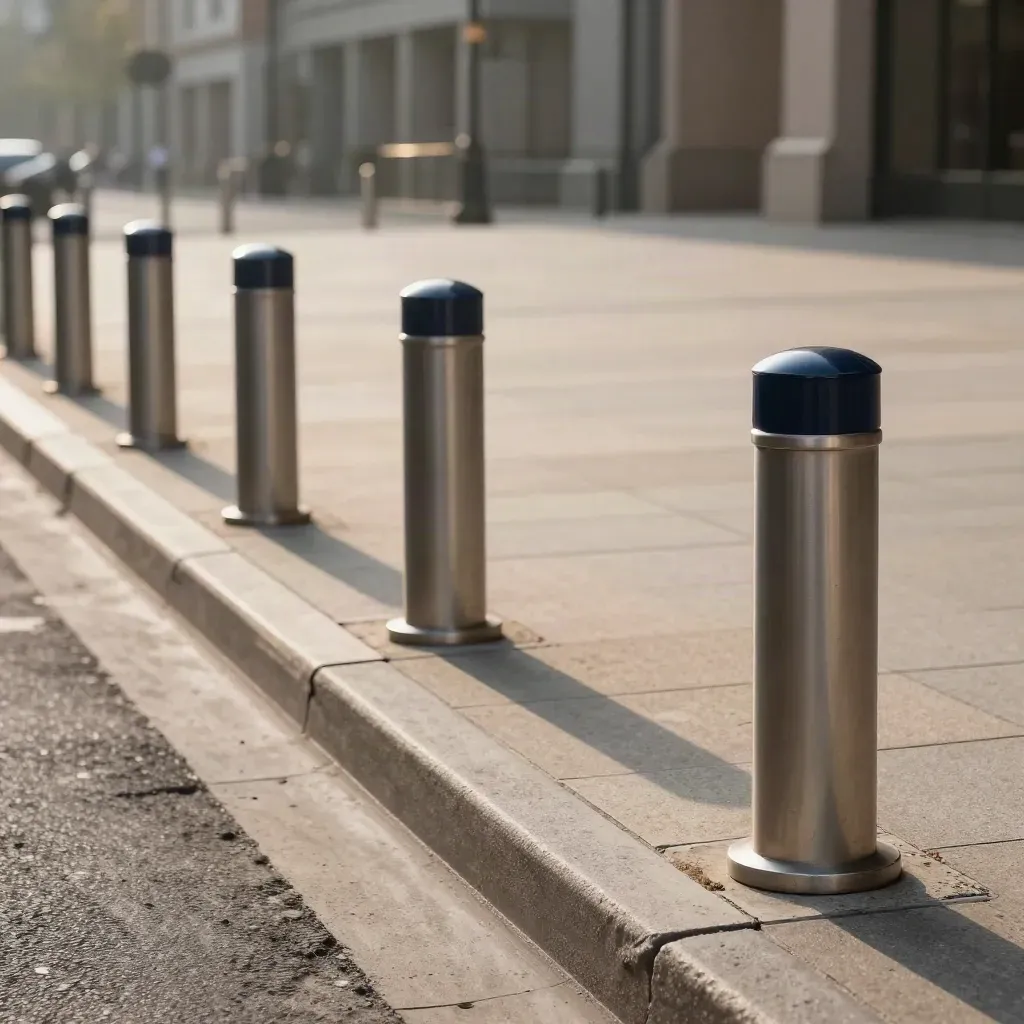 Civic corner with aligned bollards, stone edging, and matched sign bases in warm evening light.