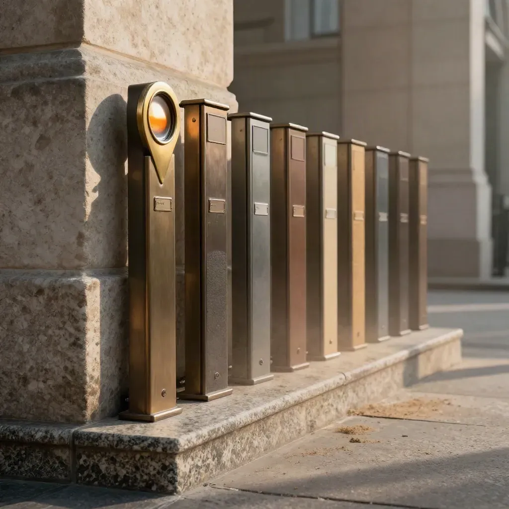 Low-angle civic gateway with blank name slugs, brass marker, and route color swatches in warm light.