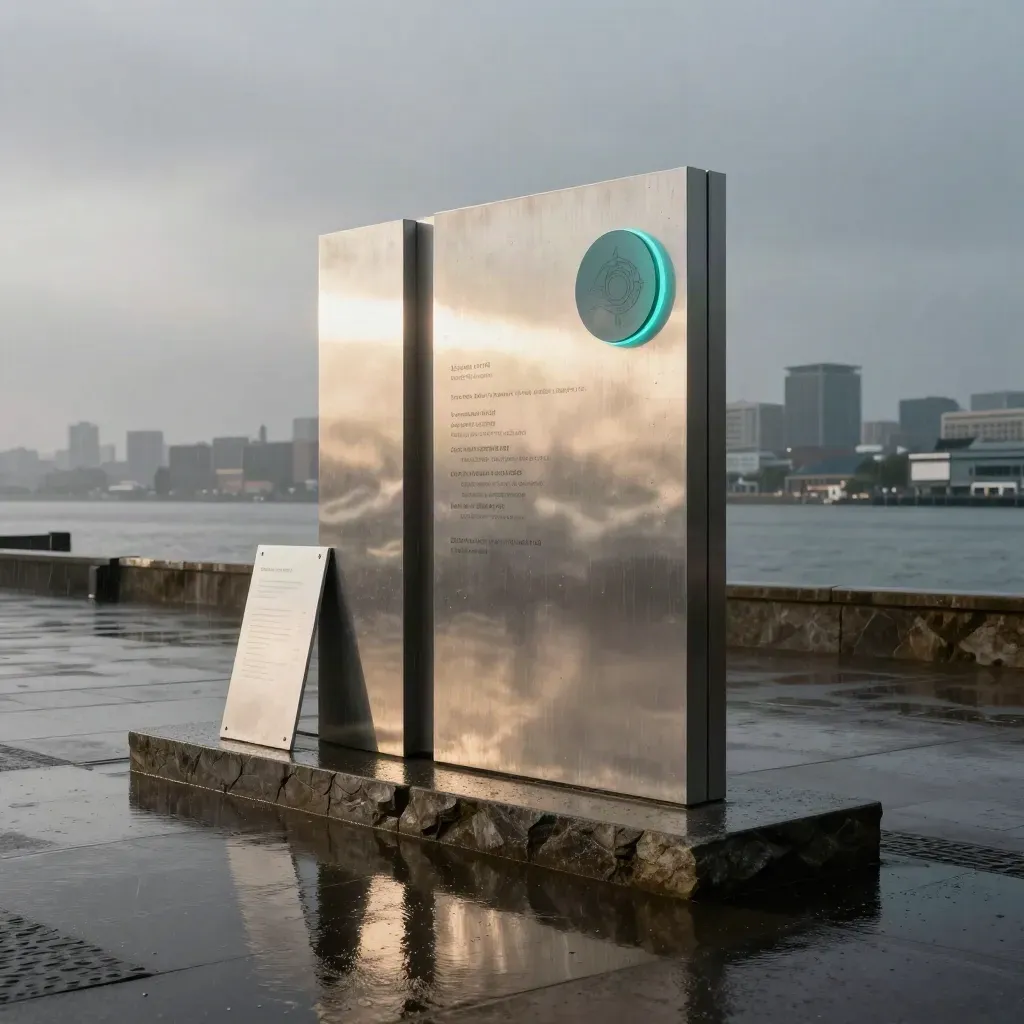 Rainy waterfront civic identity installation with brushed metal monoliths and misty skyline.