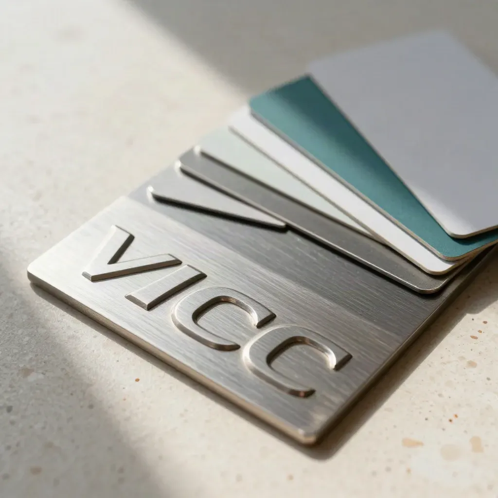 Aluminum civic identity mark pieces fanning across pale stone with teal accents.