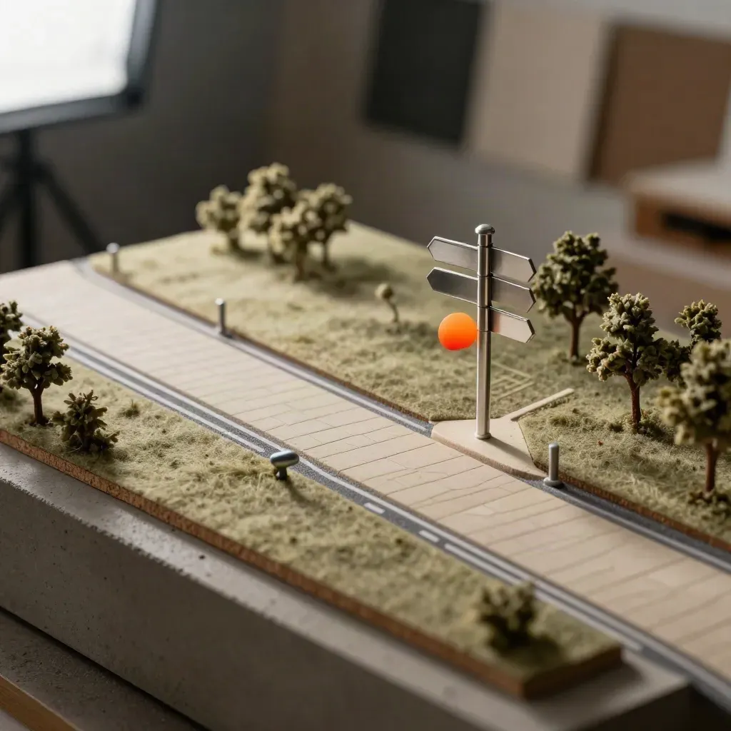 Miniature wayfinding streetscape model with raised path, posts and route pegs on a concrete plinth.
