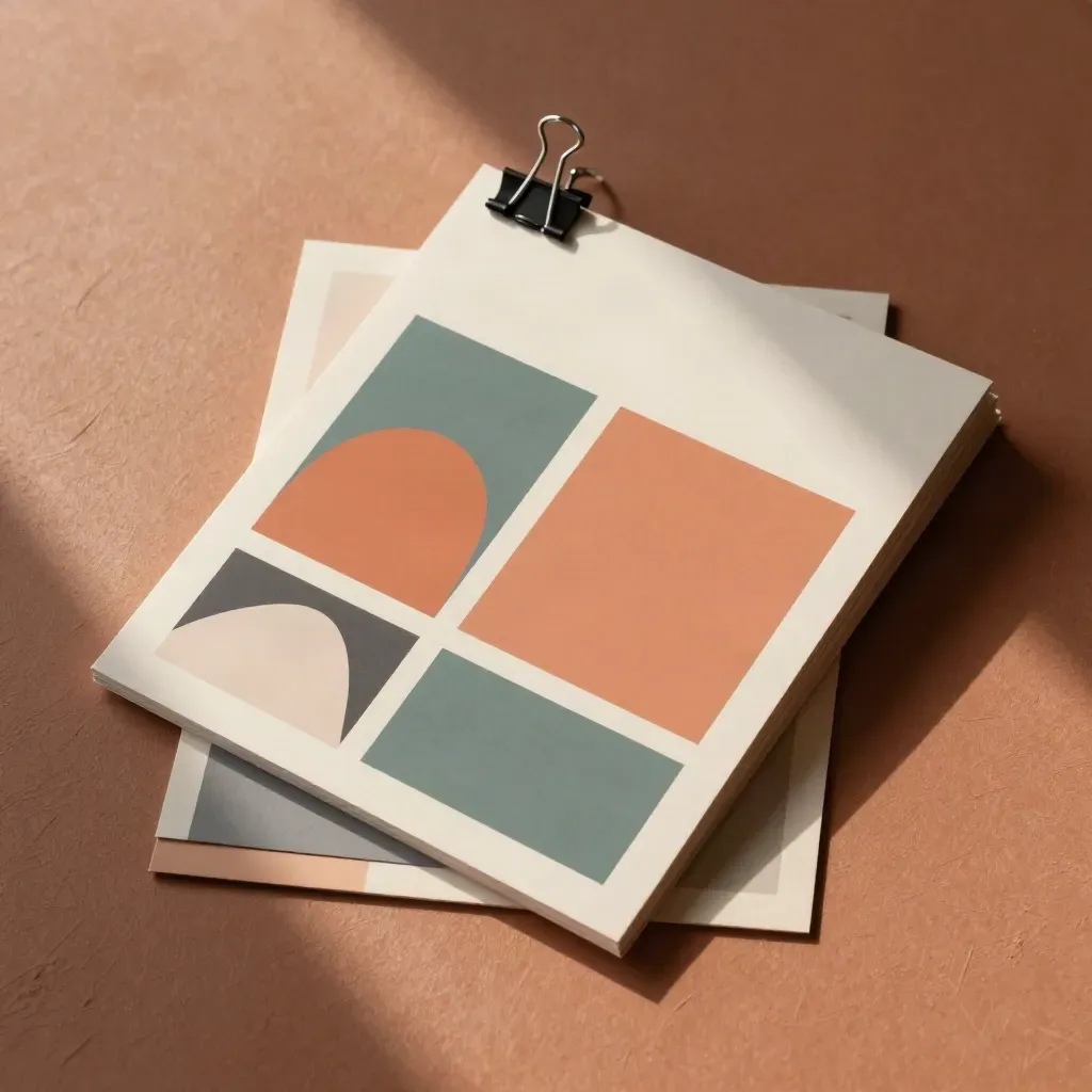 Overhead of social media template cards, teal chips, and clamps on warm terracotta paper