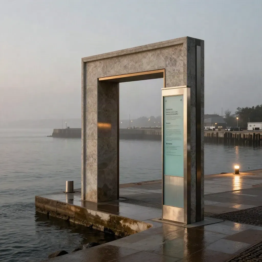 Stone gateway, steel wayfinding pylons, and lit promenade edge beside calm waterfront fog.
