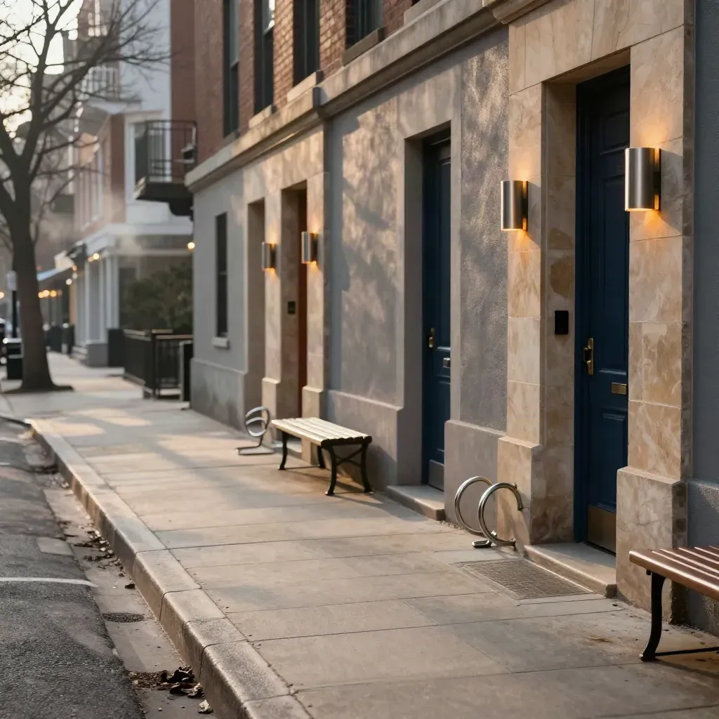 Empty civic block with matched signage, stone facades, aligned street furniture, and winter haze.