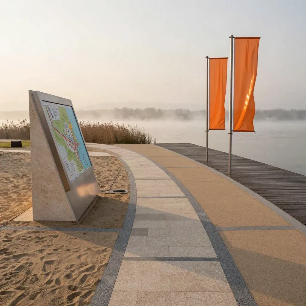 Lakeside plaza with sculptural map kiosk, orange banner posts and a path line opening toward misty water