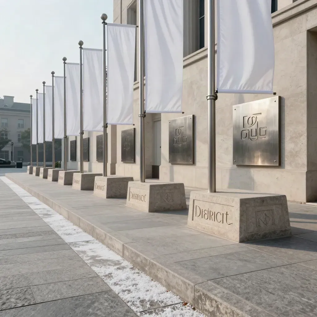 Stone plinth, plaques, and white flags repeat a district emblem across a civic plaza.