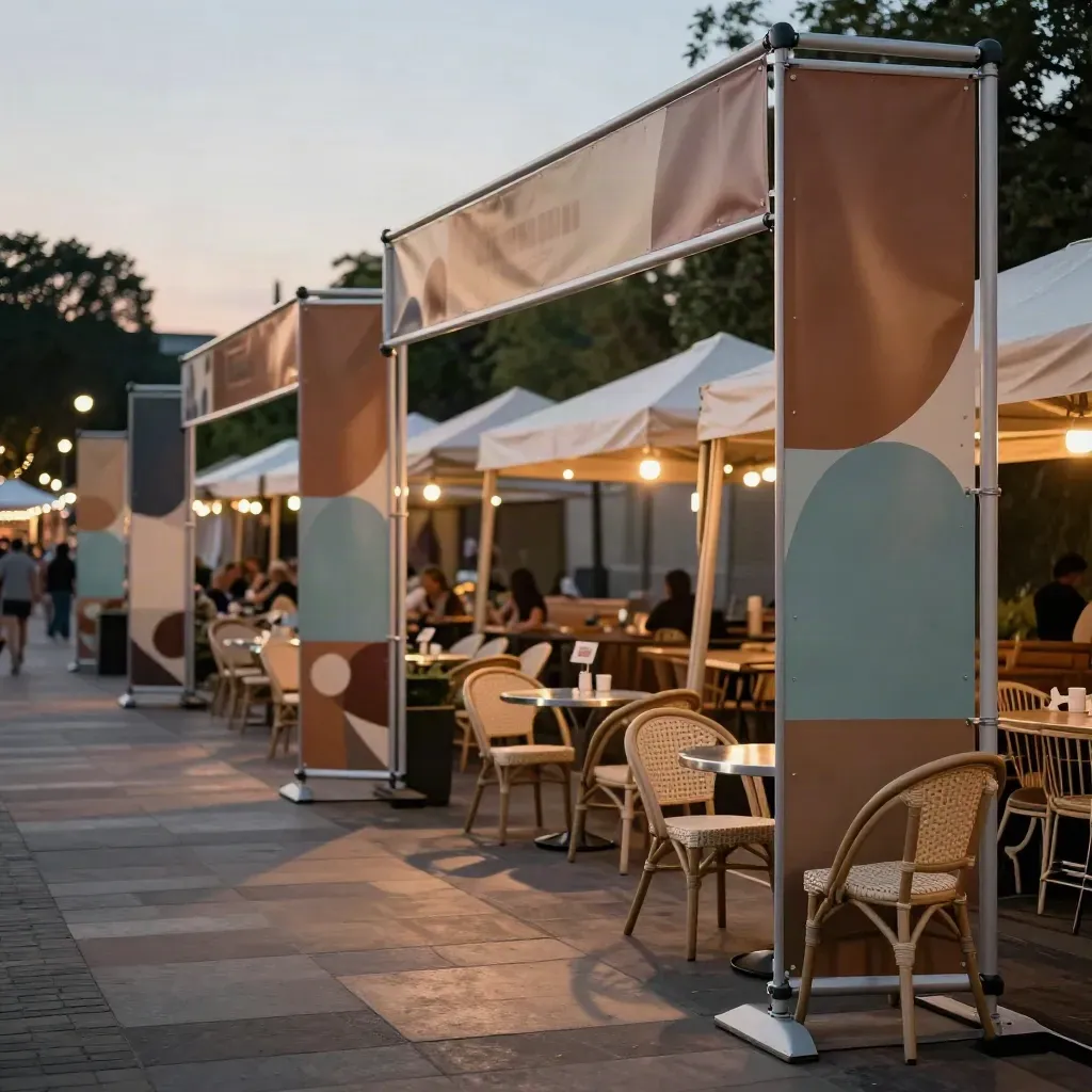 Festival arch and lamppost banners lighting up an empty café square at dusk.
