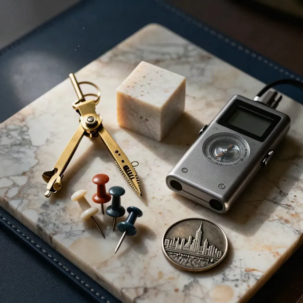 Macro still life of a brass compass, stone sample cube, pin set, recorder and city token on travertine.