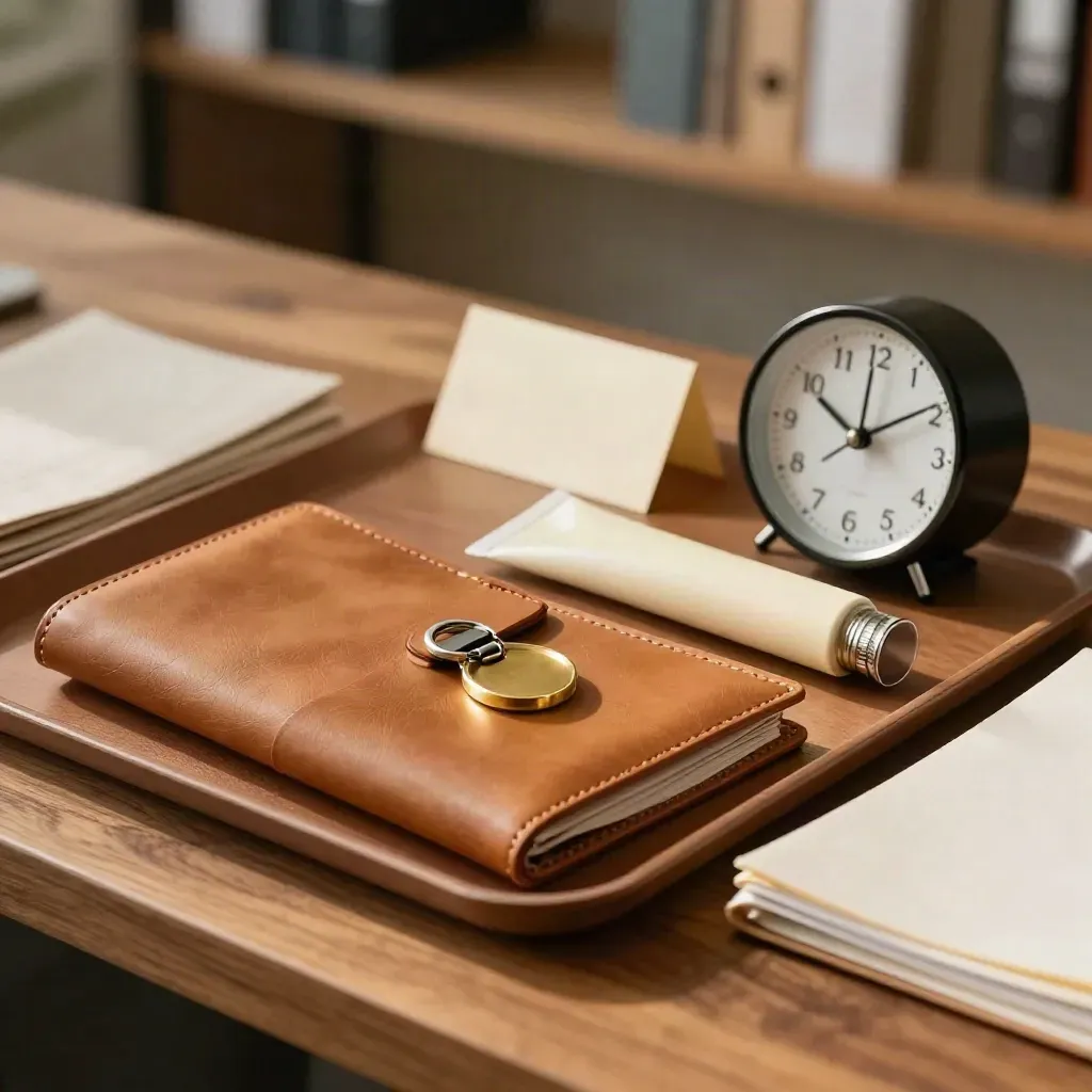 Leather portfolio, brass keyring, sealed tube and desk clock arranged in a client handoff tray.