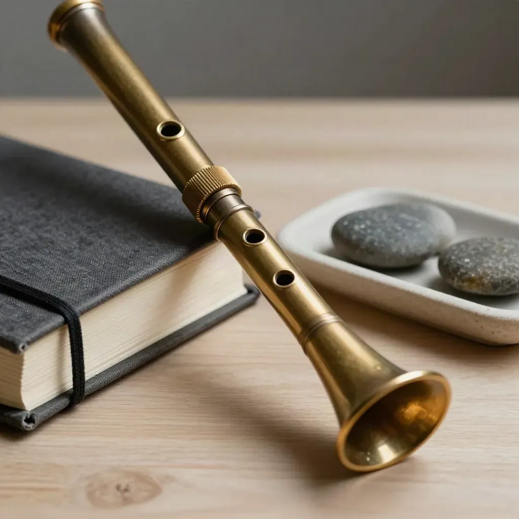 Brass recorder, stone cube, charcoal notebook and pebbles on pale wood with soft side light.