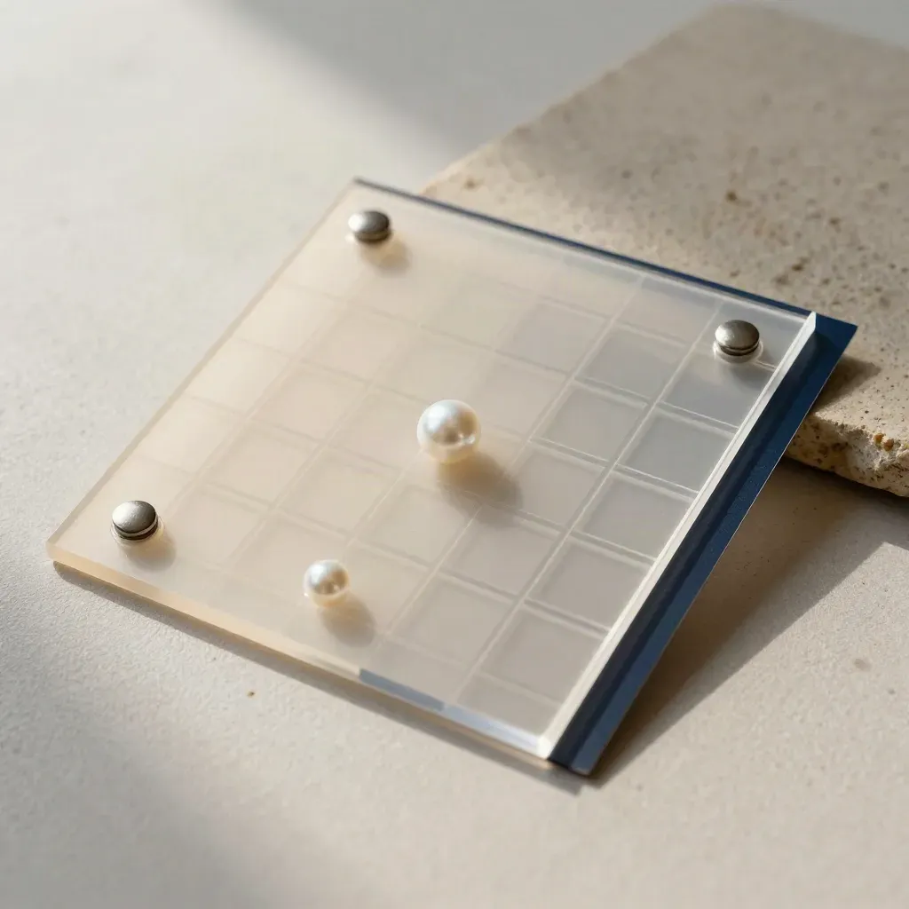 Top-down city branding materials with acetate overlays, acrylic grid and navy pins on plaster.