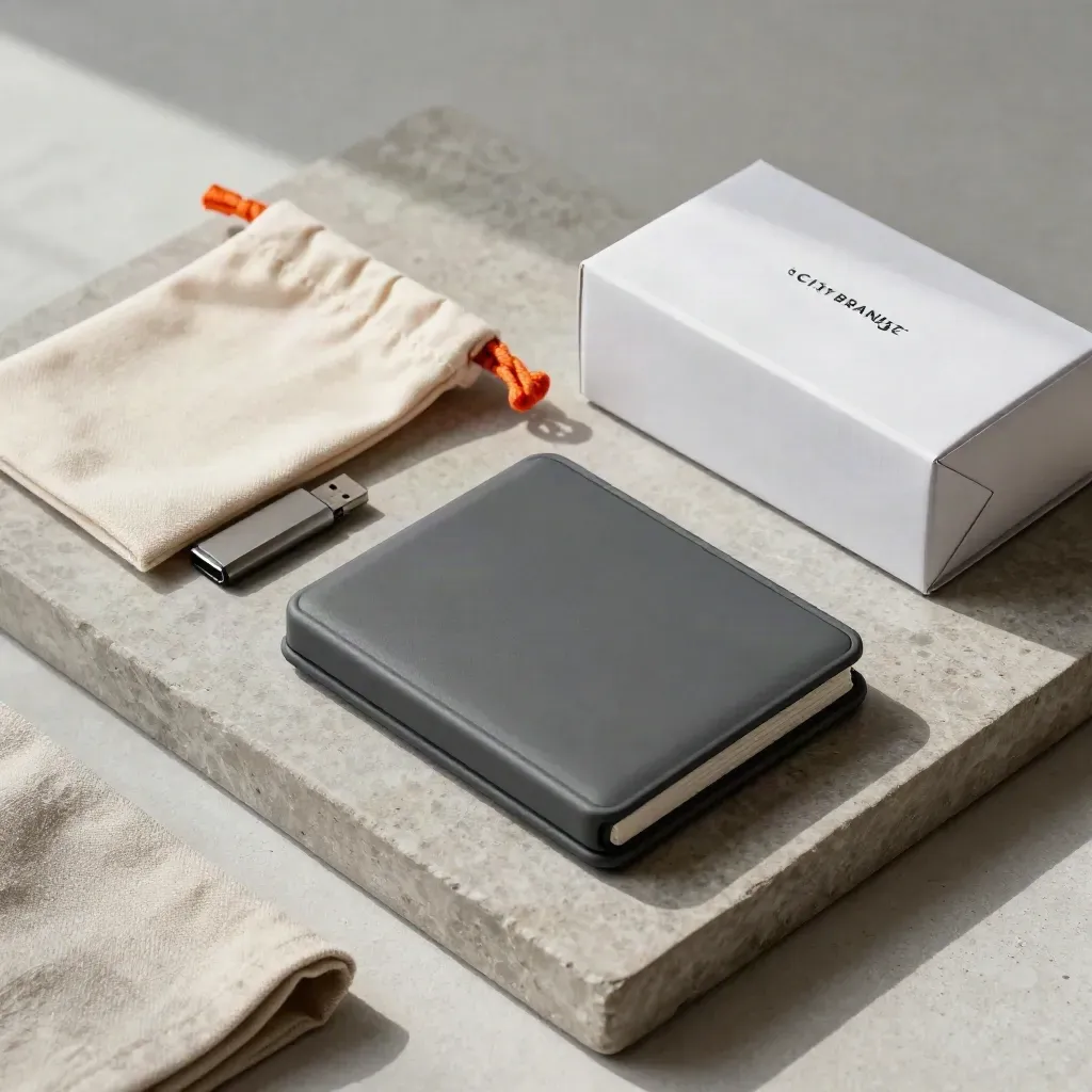 Stone tray with portfolio case, USB drive, cotton pouch, and delivery box with orange tie