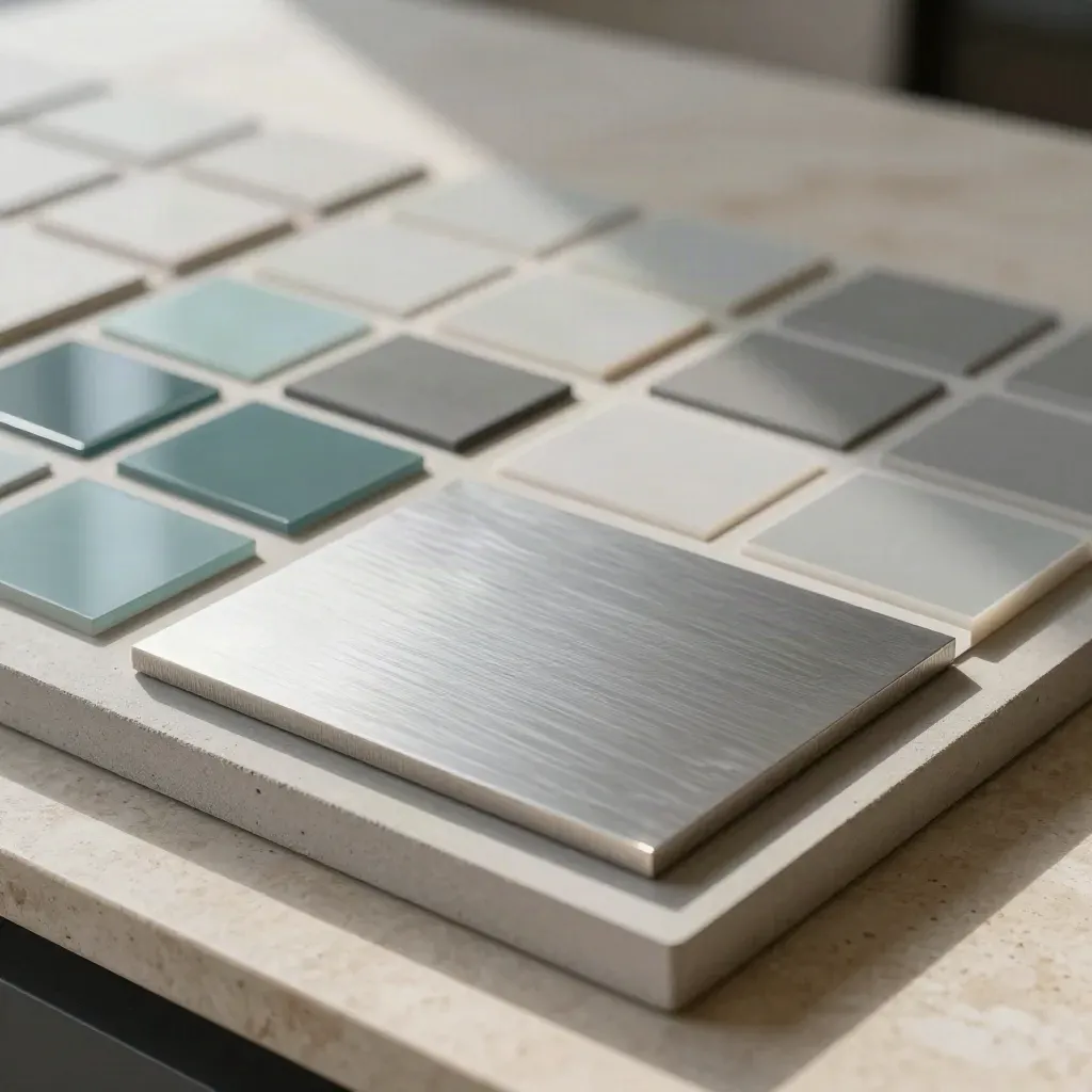 Brushed logo tile, teal chips, icon blocks, and template squares on concrete.