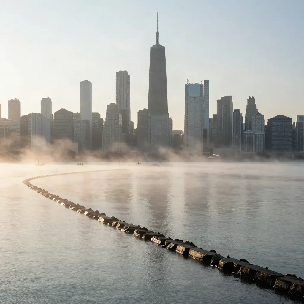 Chicago skyline above foggy lake water at sunrise, with a stone shoreline and calm copy space below