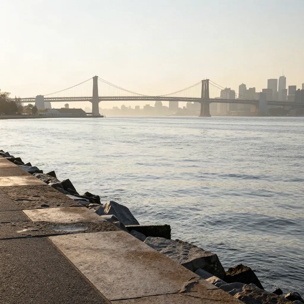 New York harbor at sunrise with a bridge silhouette, hazy skyline, and calm water
