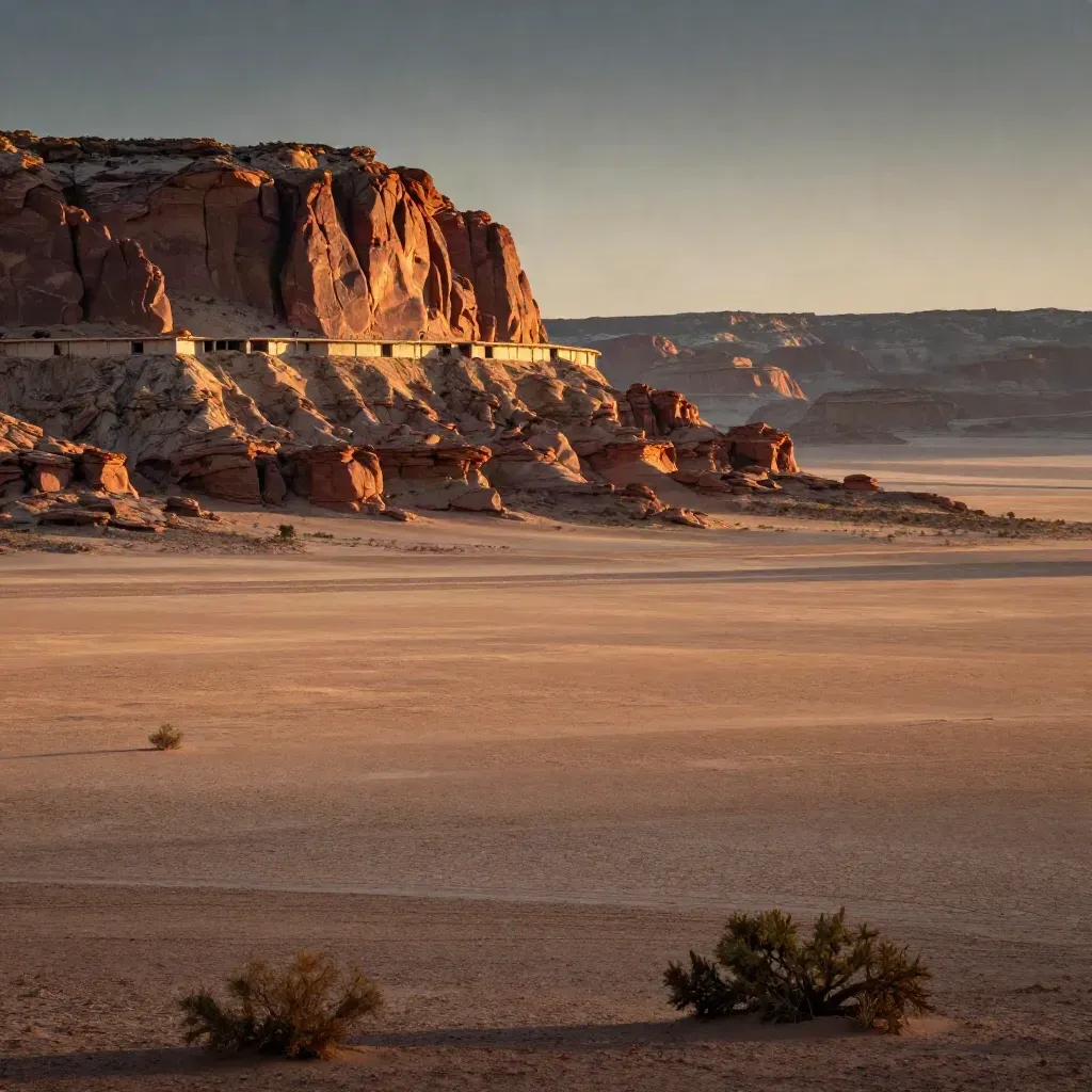 Red rock desert escarpment above an ochre plain in hazy morning light